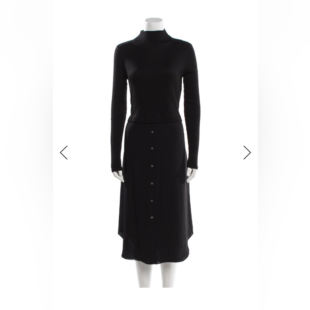 Theory LS Combo Dress Black Sweater Rib Knit Silk Shirt Tail Midi Size S NWT - Picture 2 of 8
